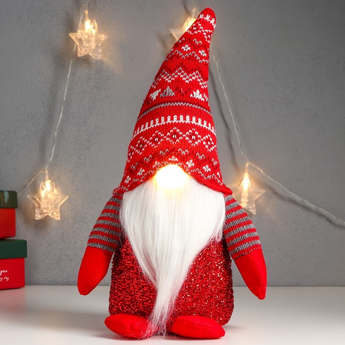 Кукла интерьерная свет "Дед Мороз светящийся нос, в красном колпаке с узорами" 33х17х12 см - фото 1907513761