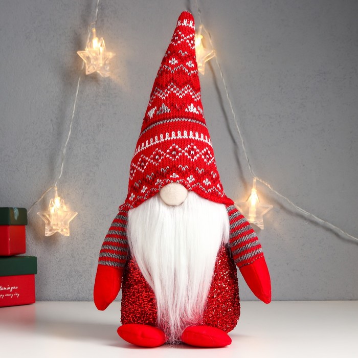 Кукла интерьерная свет "Дед Мороз светящийся нос, в красном колпаке с узорами" 33х17х12 см - фото 1907513762