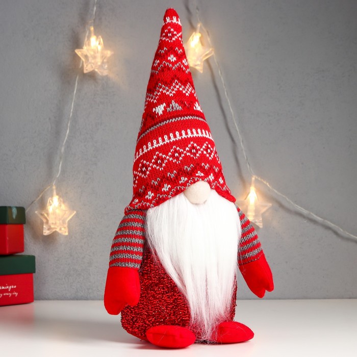 Кукла интерьерная свет "Дед Мороз светящийся нос, в красном колпаке с узорами" 33х17х12 см - фото 1926489895