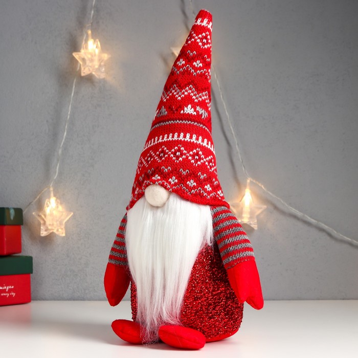 Кукла интерьерная свет "Дед Мороз светящийся нос, в красном колпаке с узорами" 33х17х12 см - фото 1926489896