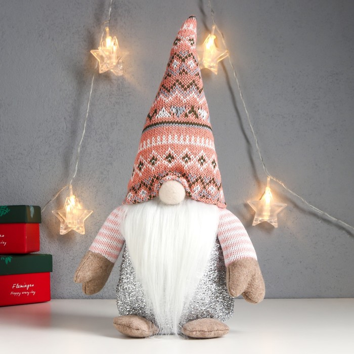 Кукла интерьерная свет "Дед Мороз светящийся нос, в розовом колпаке с узорами" 33х17х12 см - фото 1907513767