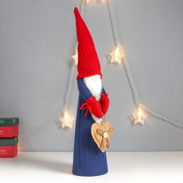 Кукла интерьерная "Дед Мороз в синем кафтане, красном колпаке с сердцем" 47х14х11 см - фото 1906066551
