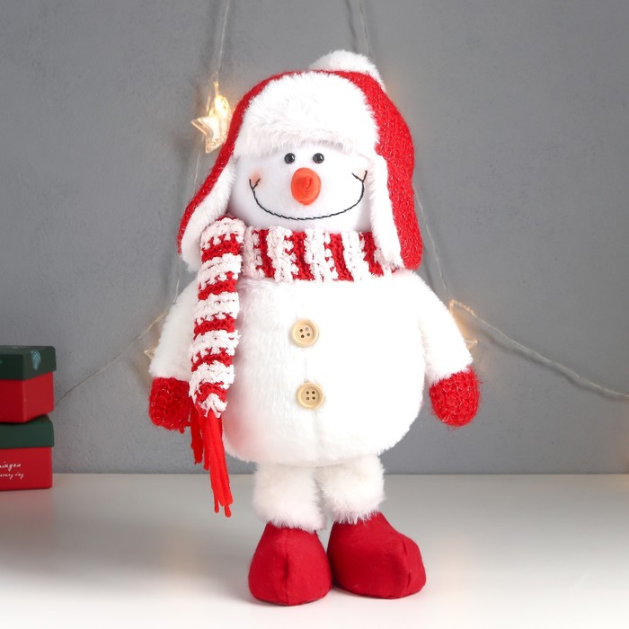 Кукла интерьерная "Снеговик в красной шапке-ушанке с бомбошкой" 40х17х16 см - фото 1907513779
