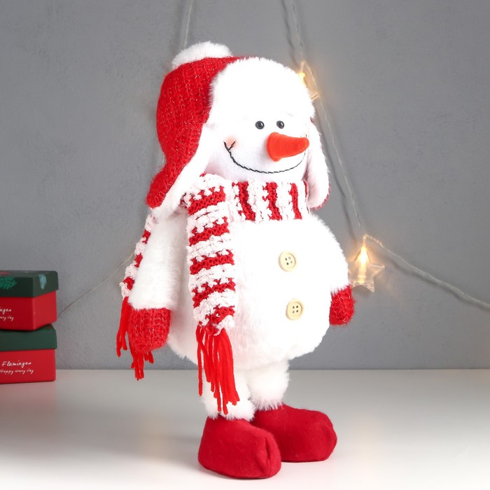 Кукла интерьерная "Снеговик в красной шапке-ушанке с бомбошкой" 40х17х16 см - фото 1907513780