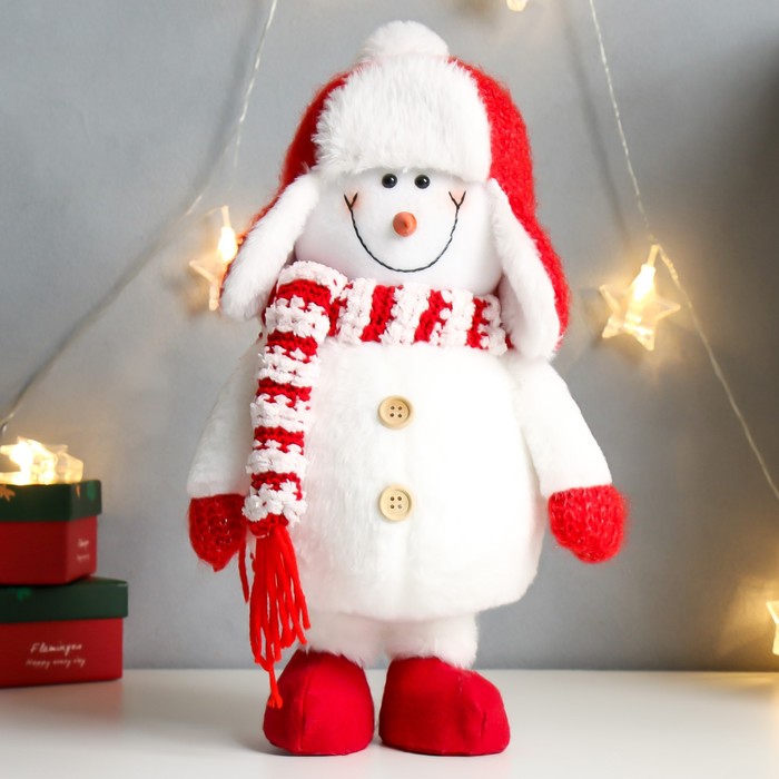 Кукла интерьерная "Снеговик в красной шапке-ушанке с бомбошкой" 40х17х16 см - фото 1907513783