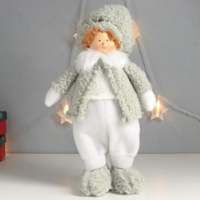 Кукла интерьерная "Мальчишка-пухляш в шапке с бомбошкой, зимний наряд" 40х22х13 см - фото 1907513784