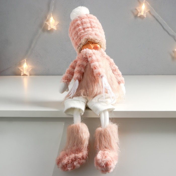 Кукла интерьерная &quot;Мальчишка-кудряш в розовом меховом костюме&quot; длинные ножки 51х10,5х13,5 см   75753