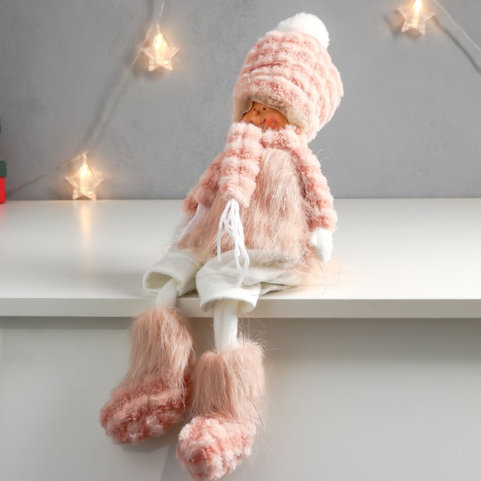 Кукла интерьерная "Мальчишка-кудряш в розовом меховом костюме" длинные ножки 51х10,5х13,5 см   75753 - фото 1907513816