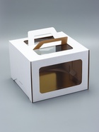 Коробка под торт 2 окна, с ручками, белая, 28 х 28 х 20 см + подложка 2,5 золото-белый - фото 809192571