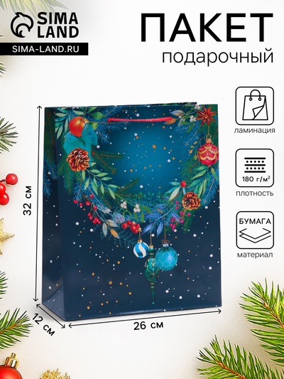 Пакет подарочный новогодний ламинированный «Ночное небо с венком», 26×32×12 см