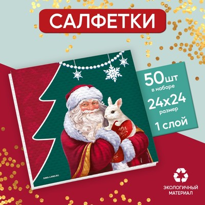 Салфетки бумажные однослойные новогодние «Дед Мороз», 24 × 24 см, набор 50 шт., на новый год