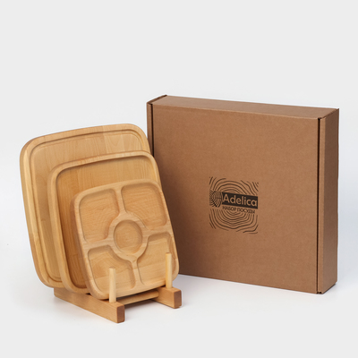 Подарочный набор посуды Adelica «Мечта хозяйки», доска разделочная d=28 см, блюдо для подачи d=24 см, менажница d=20 см, подставка, дерево берёза