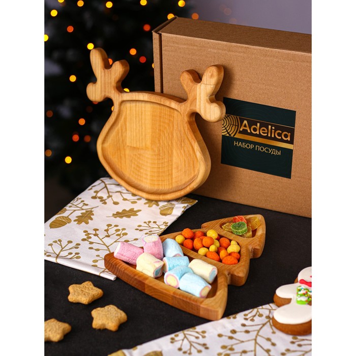 Подарочный набор посуды Adelica «Новогодний олень», менажница ёлка 22×18 см, тарелка 22×20 см, берёза - Фото 1