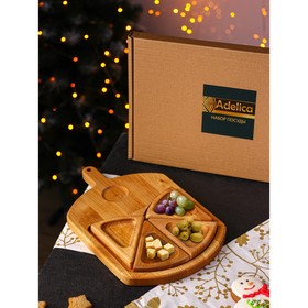 Подарочный набор деревянной посуды Adelica «Сырная мозайка», доска разделочная 35x22 см, менажницы 4 шт, 12,5x9 см, берёза