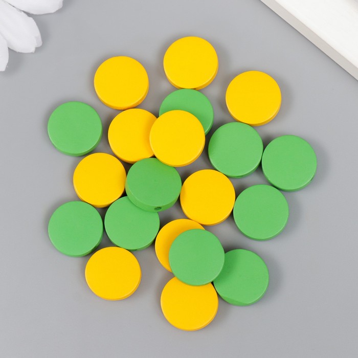 Бусины для творчества дерево "Плоский круг" набор 20 шт жёлтый, зелёный 0,4х1,5х1,5 см - Фото 1