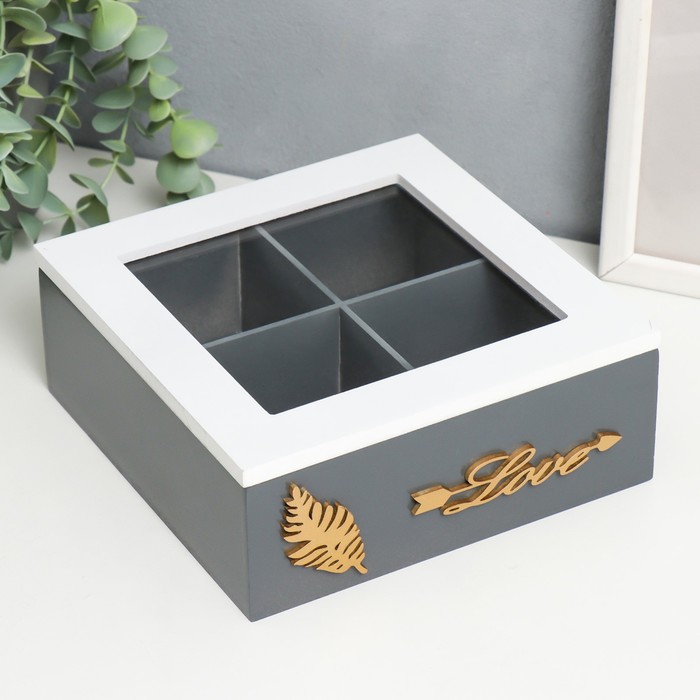 Шкатулка для чая «Лист папоротника», с делениями, дерево, стекло, бело-серая, 18×18×7 см - Фото 1