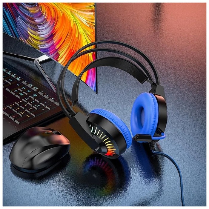 Наушники Hoco W105, игровые, накладные, микрофон, USB + 3.5 мм, 2 м, синие - фото 51582762