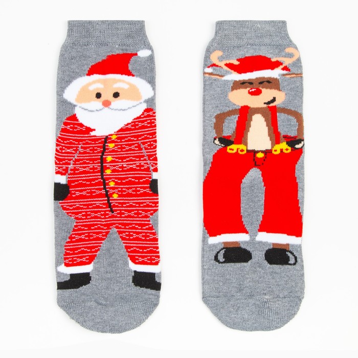 Носки махровые «Дед мороз и олень», цвет серый, размер 23-25 - Фото 1