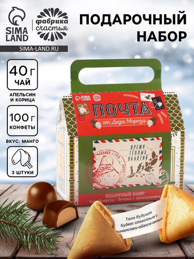 Подарочный набор в коробке «Почта», чай 50 г, печенье 3 шт., конфеты 100 г