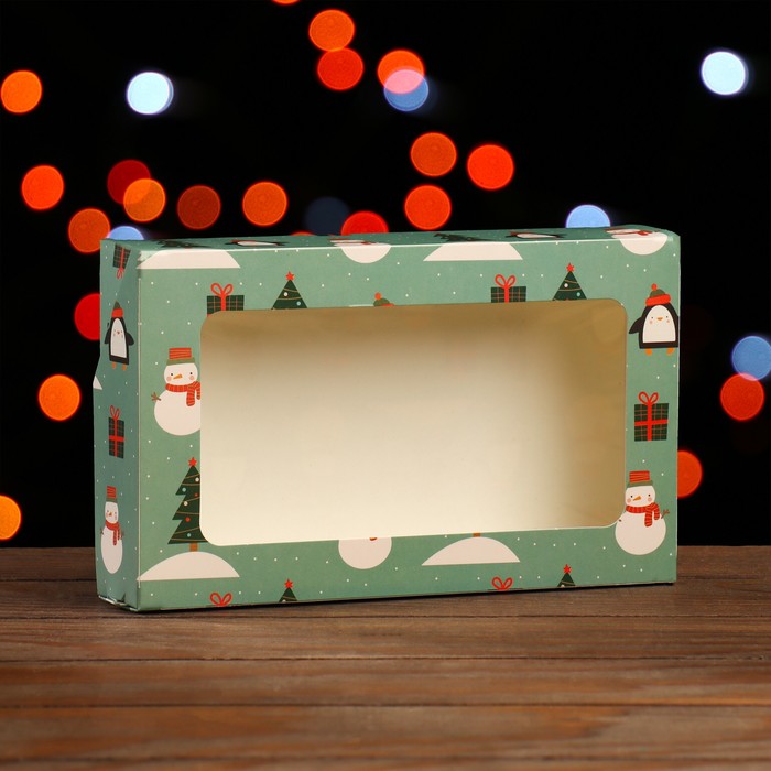 Коробка складная "Пингвины и снеговики", зеленая, 20 х 12 х 4 см - Фото 1
