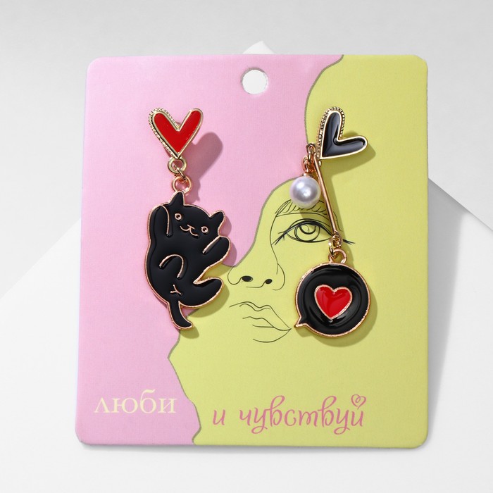 Серьги с эмалью «Котик» с сердечками, цвет чёрно-красный в золоте - Фото 1
