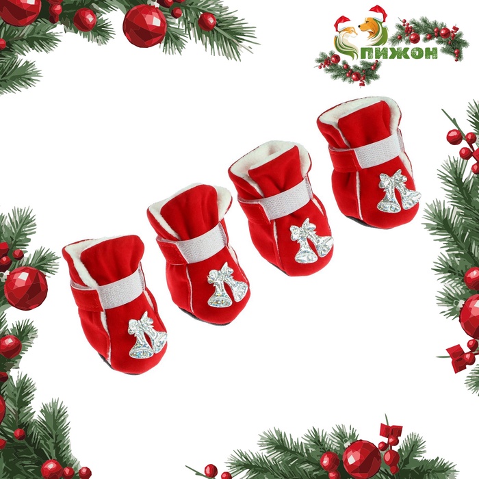 Ботинки для собак «Бубенцы», набор 4 шт., размер M, красные - Фото 1