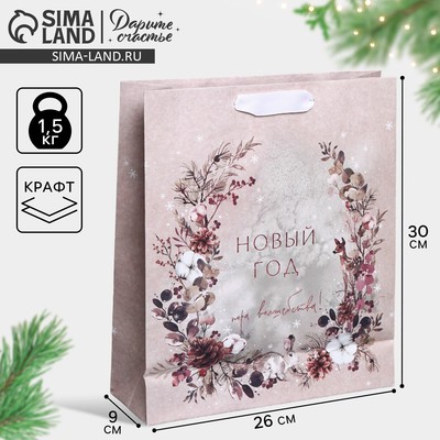Пакет подарочный новогодний крафтовый «Мир волшебства», M 26×30×9 см