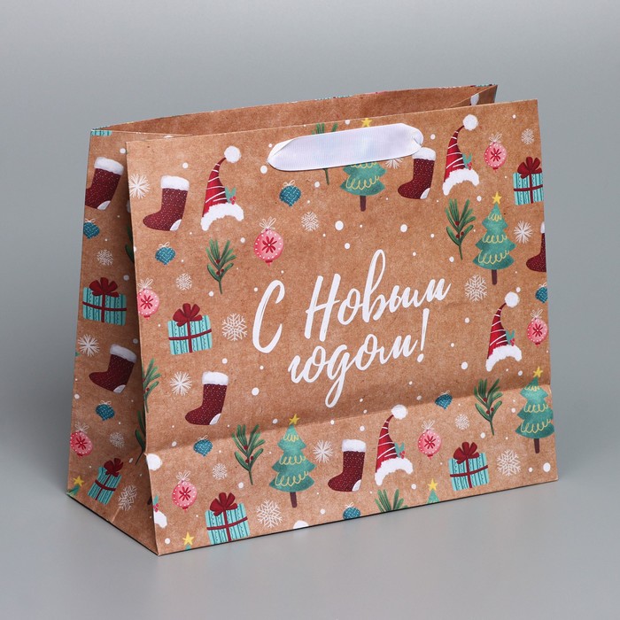 Пакет крафтовый горизонтальный «Новогодние подарочки», ML 27 × 23 × 11,5 см - Фото 1