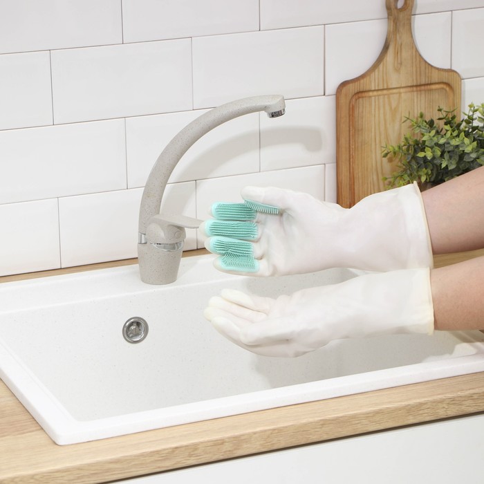 Перчатки хозяйственные Raccoon с щётками и подкладом, ПВХ, 100 г, размер L, цвет белый - Фото 1