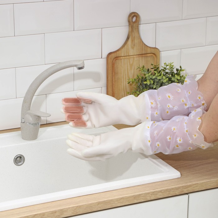 Перчатки хозяйственные Raccoon с щётками, манжетой и подкладом, размер L, 47 см, белые - Фото 1