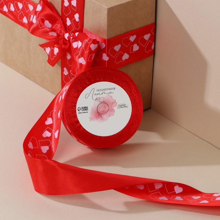 Лента атласная, подарочная упаковка, «Сердечки», красная, 4 см х 22.5 м - Фото 1