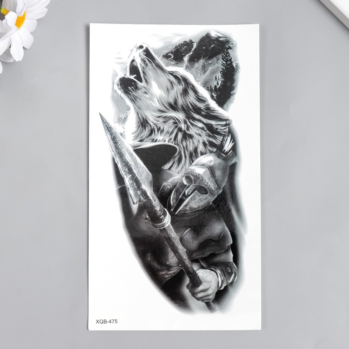 Татуировка на тело чёрная "Волк и рыцарь" 21х11,5 см - фото 1907518055