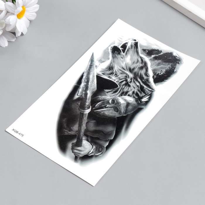 Татуировка на тело чёрная "Волк и рыцарь" 21х11,5 см - фото 1907518056