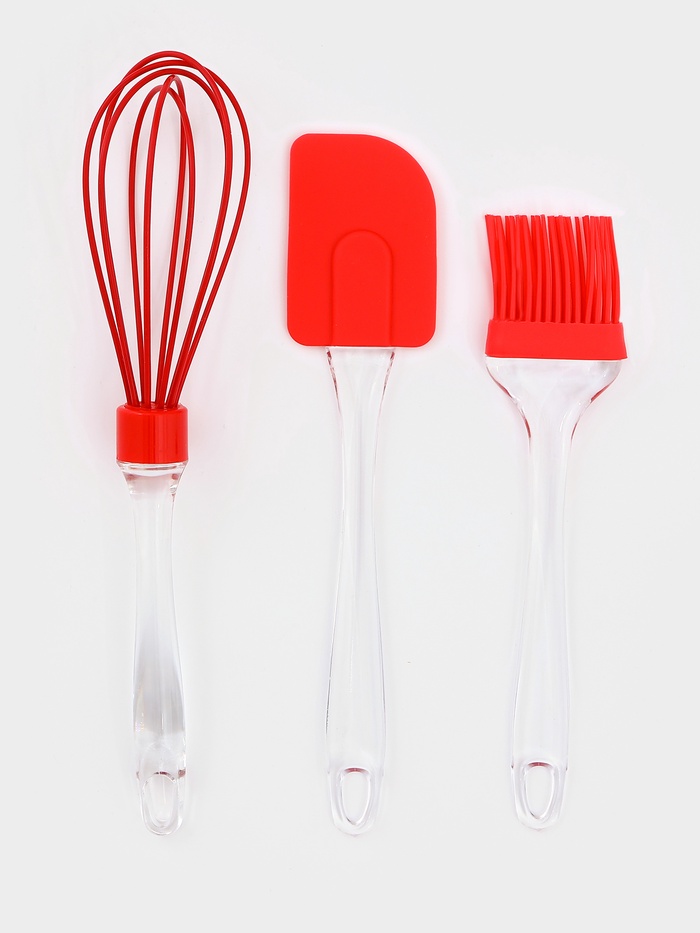 Набор для выпечки Доляна «Лёд», 3 предмета: лопатка 23.5 см, кисть 20.5 см, венчик 25 см, красный - Фото 1