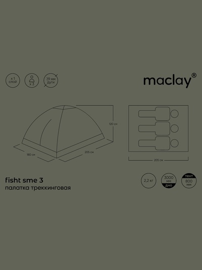 Палатка туристическая 3-местная maclay fisht sme 3, 205×180×120 см, трекинговая, однослойная, цвет камуфляж