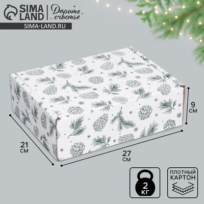 Коробка новогодняя складная «Шишки», белый, 27×21×9 см, Новый год