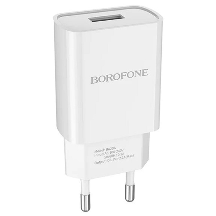 Сетевое зарядное устройство Borofone BA20A, 1 USB, 2.1 А, белое - фото 51490053