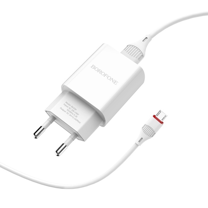 Сетевое зарядное устройство Borofone BA20A, 1 USB, 2.1 А, белое - фото 51800223