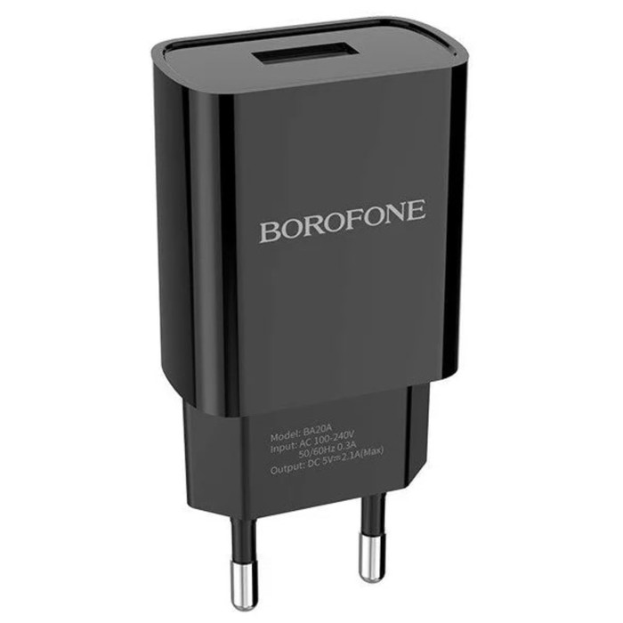 Сетевое зарядное устройство Borofone BA20A, 1 USB, 2.1 А, чёрное - фото 51490061