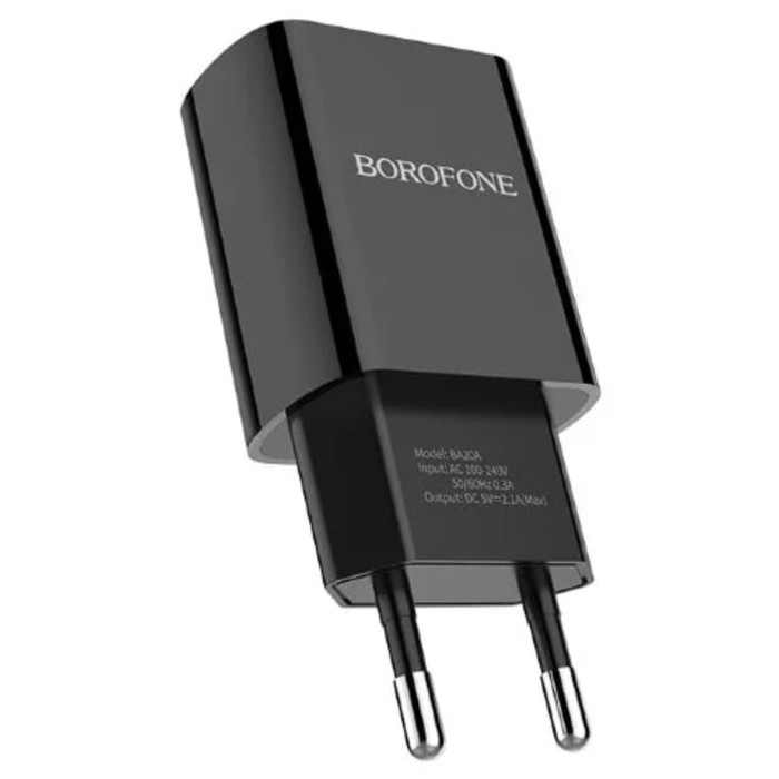 Сетевое зарядное устройство Borofone BA20A, 1 USB, 2.1 А, чёрное - фото 51490062