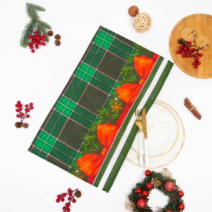 Полотенце 35х60 см, Новогодние банты, вафля, 120г/м2, хлопок 100%