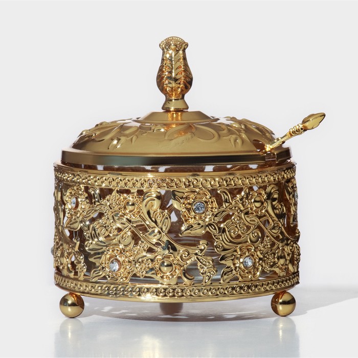 Сахарница «Букет», 200 мл, 10×11 см, с ложкой, крышкой, металл, золотистая - Фото 1