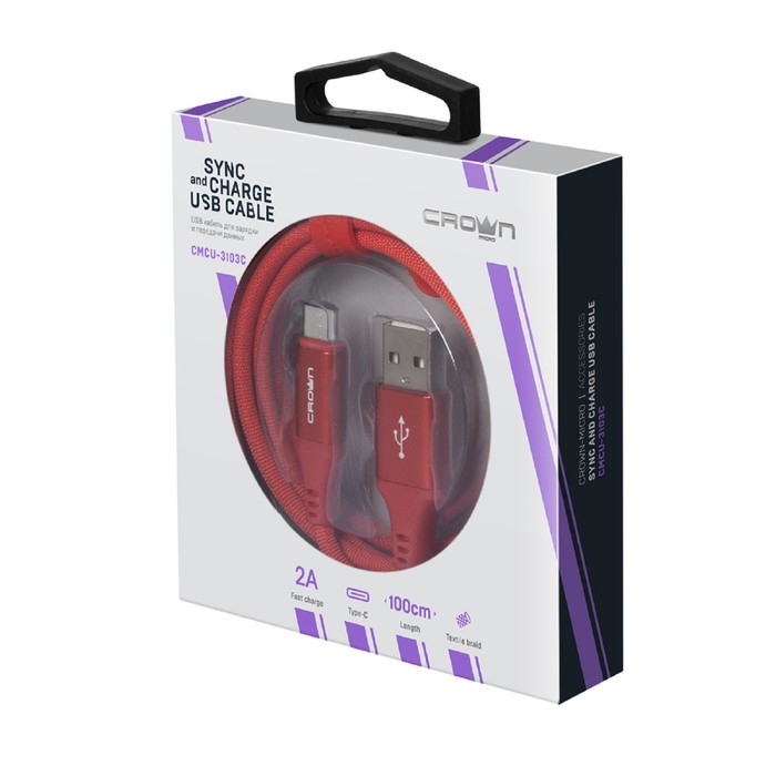 Кабель Crown CMCU-3103С, Type-C - USB, 2А, 1м, тканевая оплетка, металл, красный - фото 51457236 Кабель Crown CMCU-3103С, Type-C - USB, 2А, 1м, тканевая оплетка, металл, красный - фото 51457236
