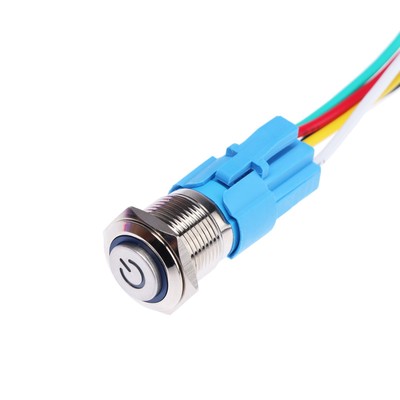 Выключатель, 12 В, 3 А, 5 pin, IP67, d=16 мм, провод 15 см, синий