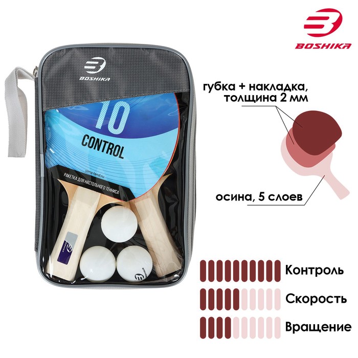 Набор для настольного тенниса BOSHIKA Control 10: 2 ракетки,3 мяча, губка 1.5 мм, коническая ручка