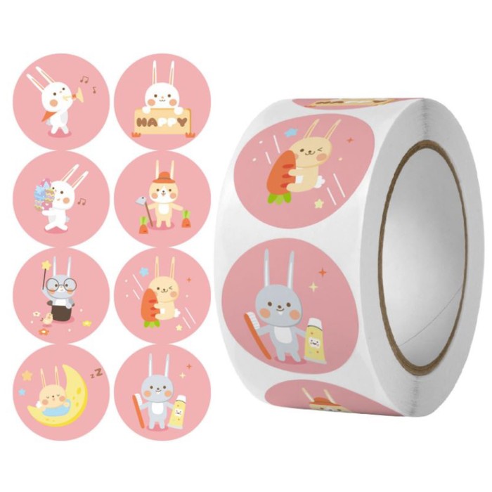 Наклейка бумага "Малыши-кролики" d=2,5 см 500 шт в рулоне 3х6,5х6,5 см - Фото 1