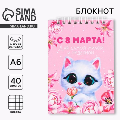 Блокнот на гребне, А6, 40 л. в клетку, мягкая обложка «Котик. 8 марта»