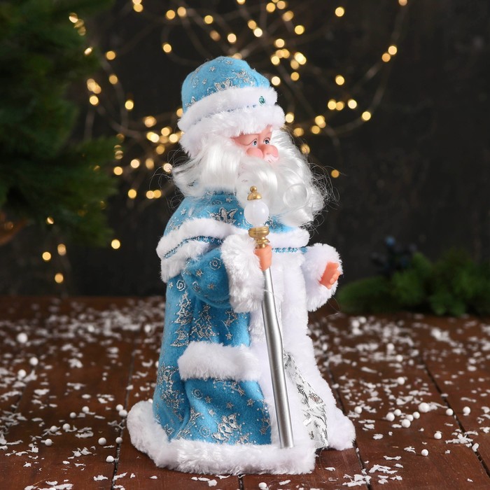Дед Мороз "С фонариком на посохе и узорами на шубке" двигается, 30х14 см, голубой - фото 1908982761