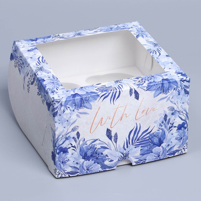 Коробка для капкейков, кондитерская упаковка с окном, 4 ячейки «Синие цветы», 16 х 16 х 10 см - Фото 1