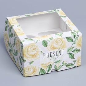 Коробка складная на 4 капкейка с окном «Белые розы», 16 х 16 х 10 см